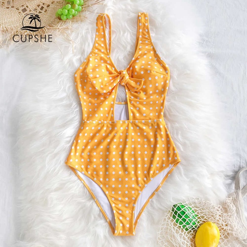 CUPSHE Tie Front Yellow Polka Dot One Piece